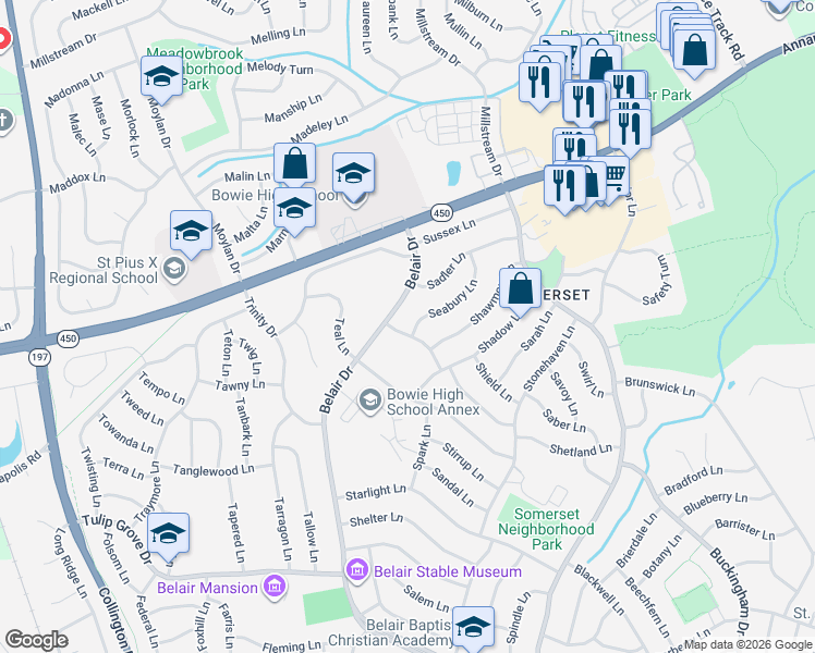 map of restaurants, bars, coffee shops, grocery stores, and more near 12400 Seabury Lane in Bowie