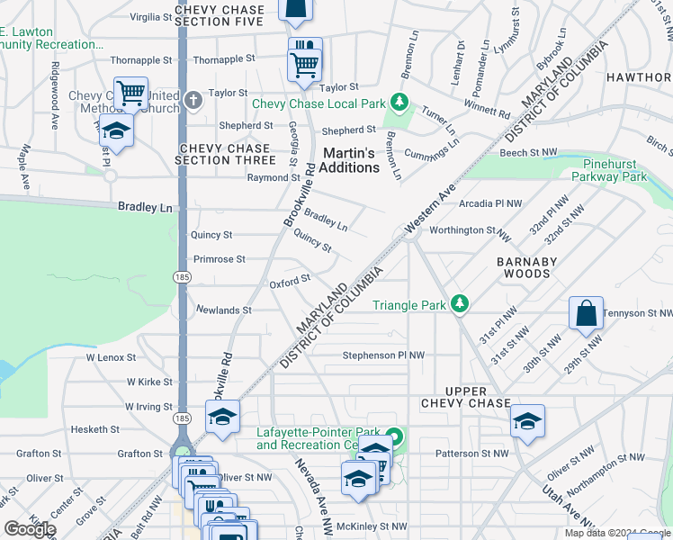map of restaurants, bars, coffee shops, grocery stores, and more near 204 Oxford Street in Chevy Chase