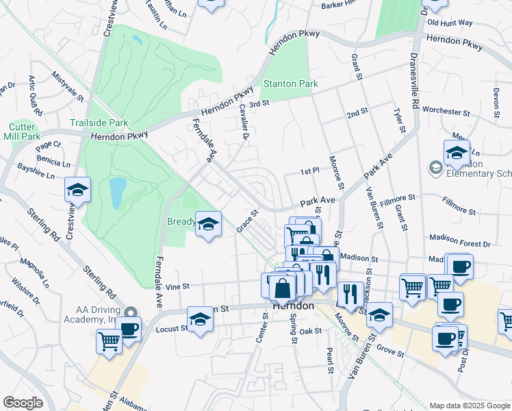 map of restaurants, bars, coffee shops, grocery stores, and more near 917 Park Avenue in Herndon