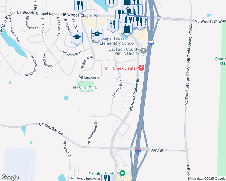 map of restaurants, bars, coffee shops, grocery stores, and more near 3440 Northeast Akin Boulevard in Lee's Summit