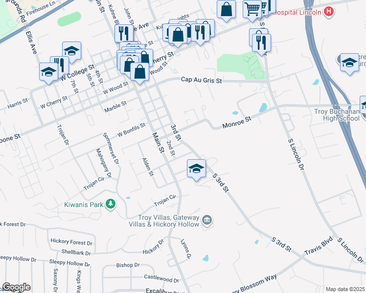 map of restaurants, bars, coffee shops, grocery stores, and more near 220 Dee Street in Troy