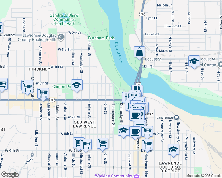 map of restaurants, bars, coffee shops, grocery stores, and more near 511 Tennessee St in Lawrence