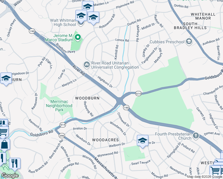 map of restaurants, bars, coffee shops, grocery stores, and more near 6004 Highboro Drive in Bethesda