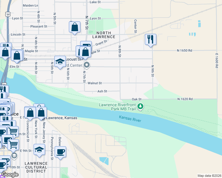 map of restaurants, bars, coffee shops, grocery stores, and more near 775 Ash Street in Lawrence