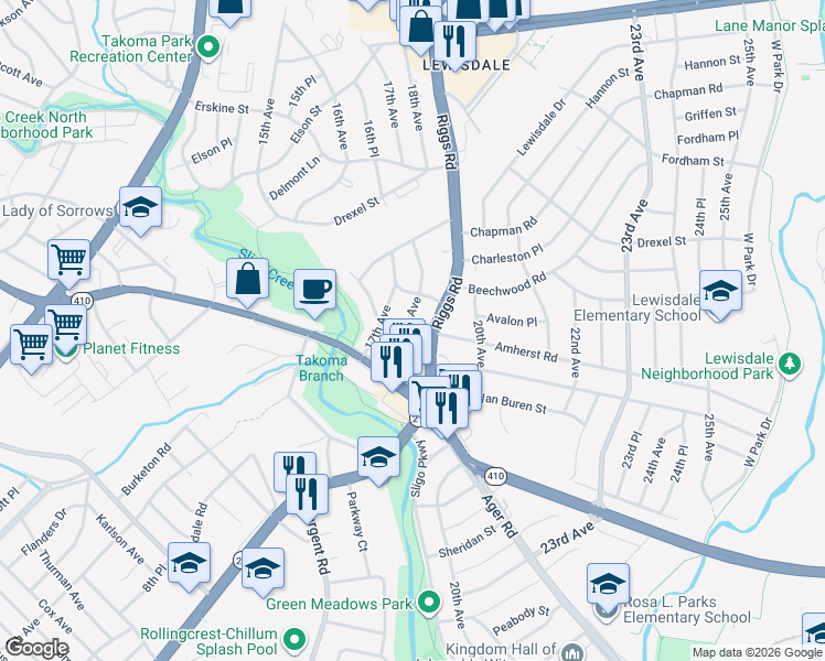 map of restaurants, bars, coffee shops, grocery stores, and more near 6915 18th Avenue in Hyattsville