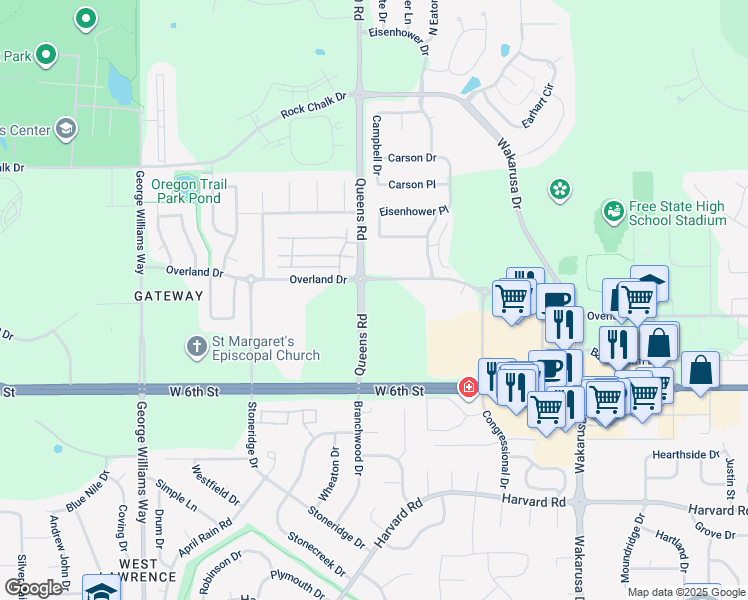 map of restaurants, bars, coffee shops, grocery stores, and more near 5245 Overland Drive in Lawrence