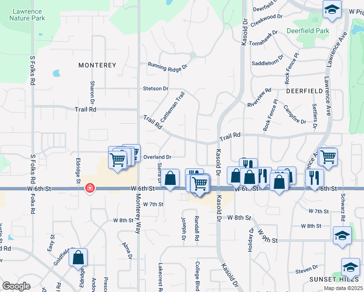 map of restaurants, bars, coffee shops, grocery stores, and more near 405 Tall Grass Drive in Lawrence