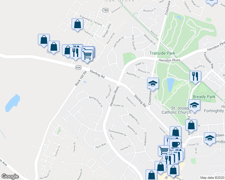 map of restaurants, bars, coffee shops, grocery stores, and more near 902 Broad Oaks Drive in Herndon