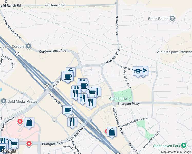 map of restaurants, bars, coffee shops, grocery stores, and more near 9855 Prominent Peak Heights in Colorado Springs