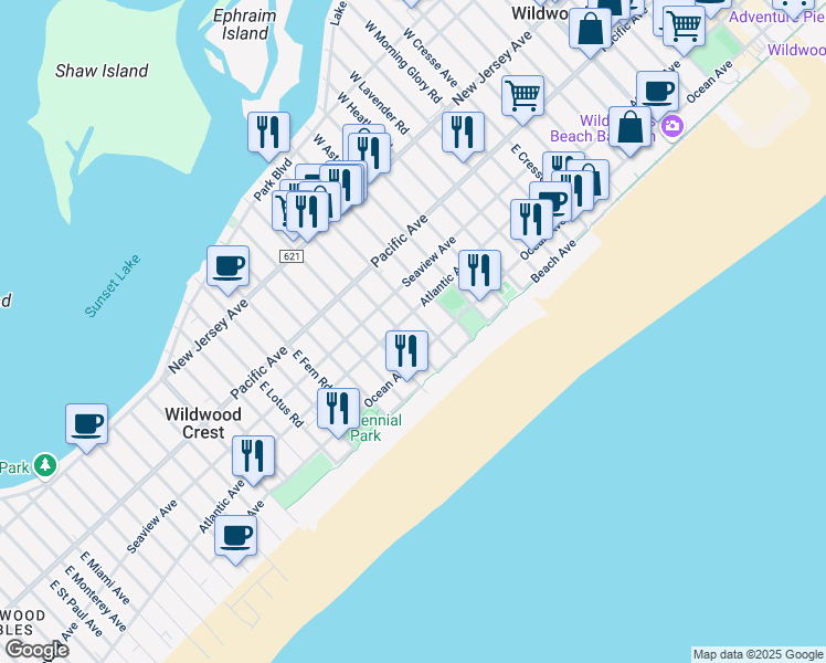 map of restaurants, bars, coffee shops, grocery stores, and more near 6201 Atlantic Avenue in Wildwood Crest