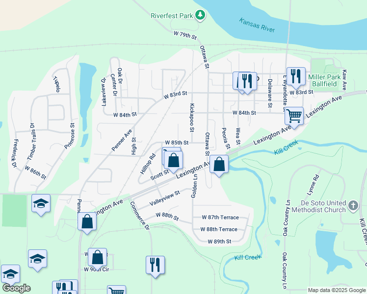 map of restaurants, bars, coffee shops, grocery stores, and more near 33525 West 85th Street in De Soto