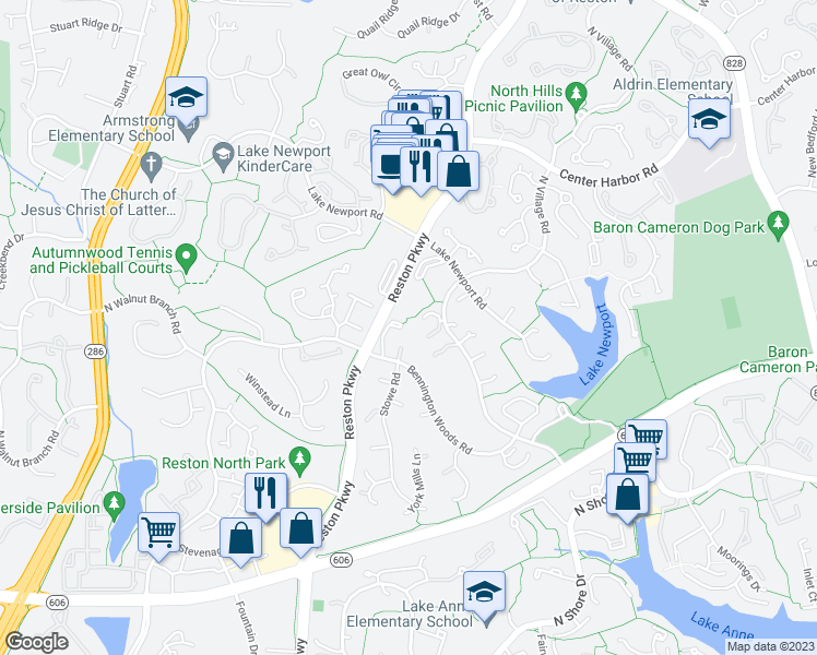 map of restaurants, bars, coffee shops, grocery stores, and more near 1555 Bennington Woods Court in Reston