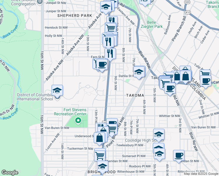 map of restaurants, bars, coffee shops, grocery stores, and more near 6931 Georgia Avenue Northwest in Washington