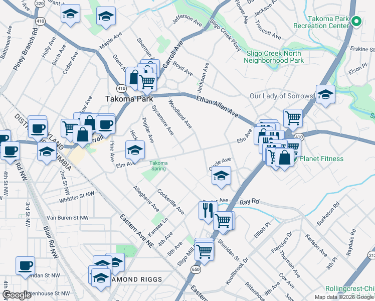map of restaurants, bars, coffee shops, grocery stores, and more near 400 Elm Avenue in Takoma Park