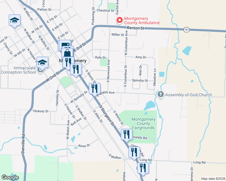 map of restaurants, bars, coffee shops, grocery stores, and more near 327 East Walsh Avenue in Montgomery City