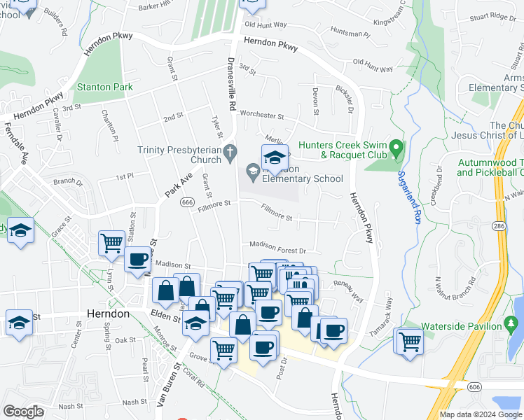 map of restaurants, bars, coffee shops, grocery stores, and more near 519 Fillmore Street in Herndon