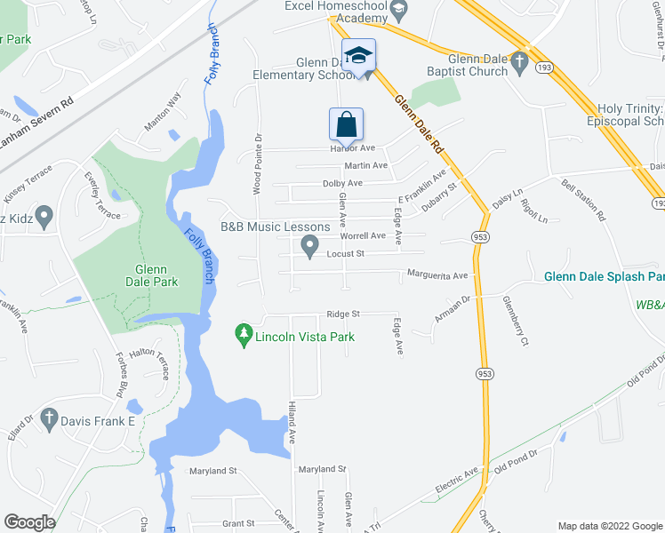 map of restaurants, bars, coffee shops, grocery stores, and more near 9912 Marguerita Avenue in Glenn Dale