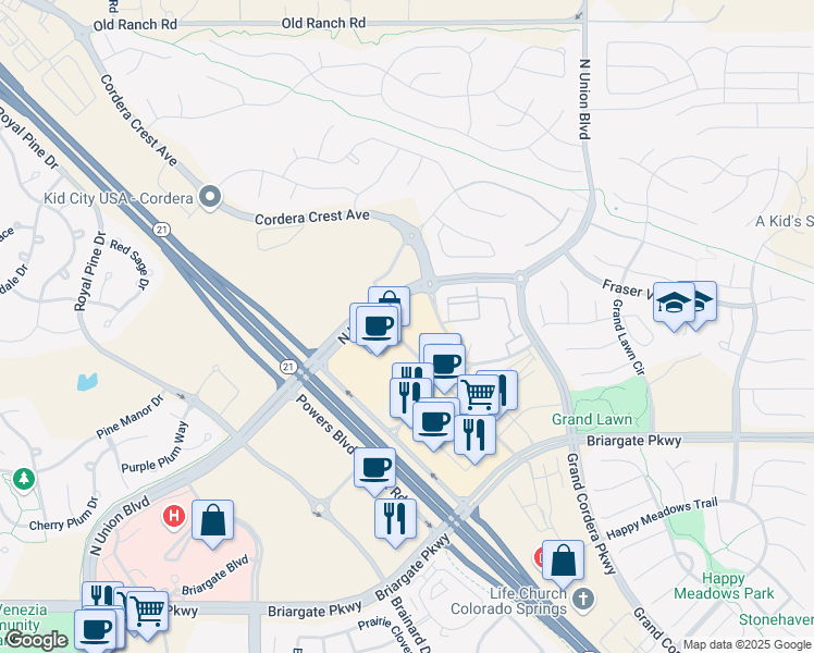 map of restaurants, bars, coffee shops, grocery stores, and more near 4462 Continental Heights in Colorado Springs