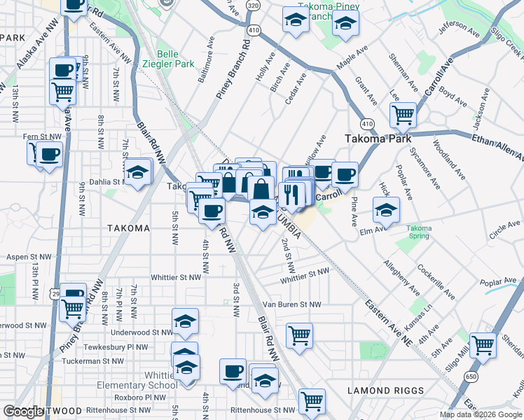 map of restaurants, bars, coffee shops, grocery stores, and more near 110 Carroll Street Northwest in Washington