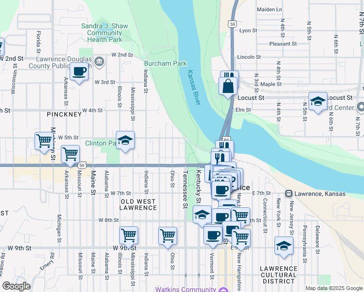 map of restaurants, bars, coffee shops, grocery stores, and more near 511 Tennessee Street in Lawrence