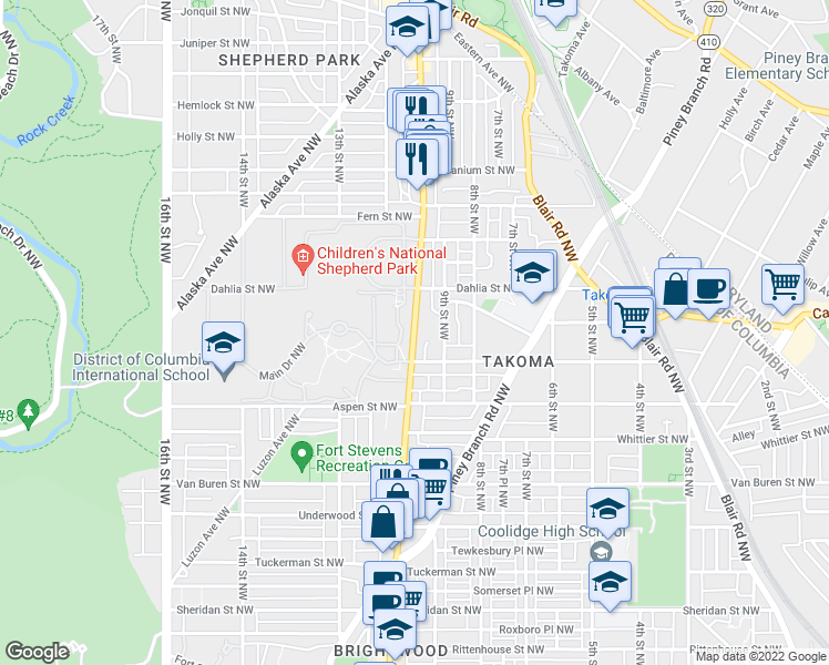 map of restaurants, bars, coffee shops, grocery stores, and more near 6931 Georgia Avenue Northwest in Washington