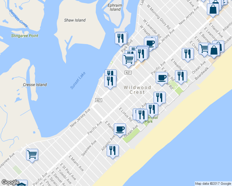 map of restaurants, bars, coffee shops, grocery stores, and more near 115 East Palm Road in Wildwood Crest