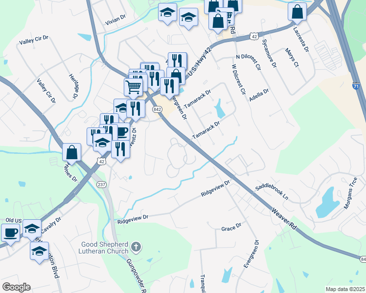 map of restaurants, bars, coffee shops, grocery stores, and more near 1340 Tamarack Circle in Florence