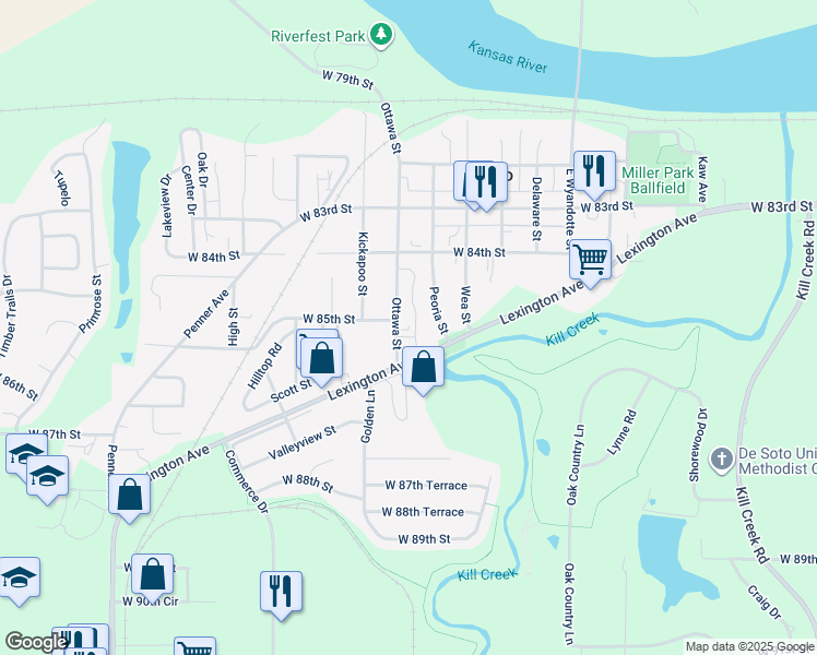 map of restaurants, bars, coffee shops, grocery stores, and more near 8515 Ottawa Street in De Soto