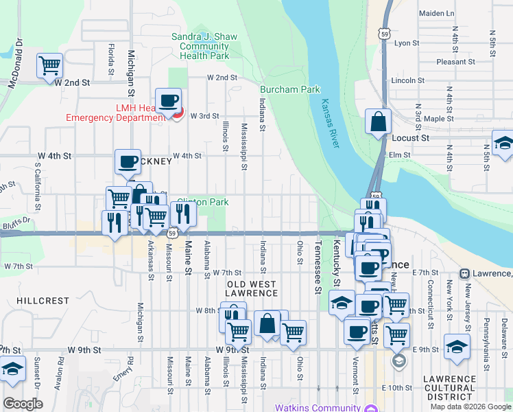 map of restaurants, bars, coffee shops, grocery stores, and more near 512 Mississippi Street in Lawrence