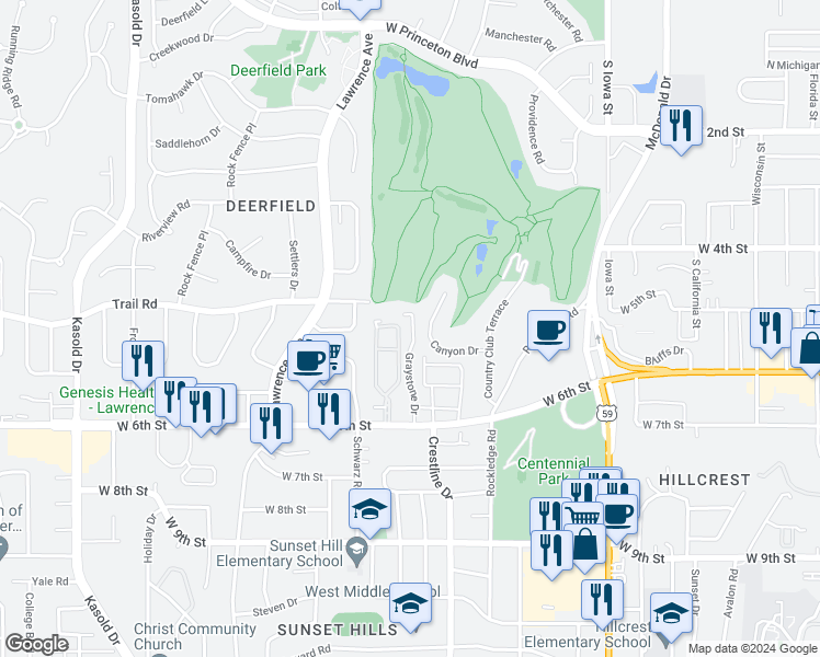 map of restaurants, bars, coffee shops, grocery stores, and more near 400-528 Graystone Drive in Lawrence