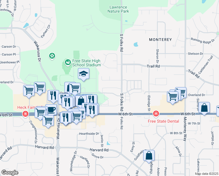 map of restaurants, bars, coffee shops, grocery stores, and more near 4419 Freedom Creek Drive in Lawrence