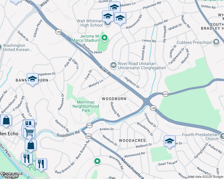 map of restaurants, bars, coffee shops, grocery stores, and more near 6215 Verne Street in Bethesda