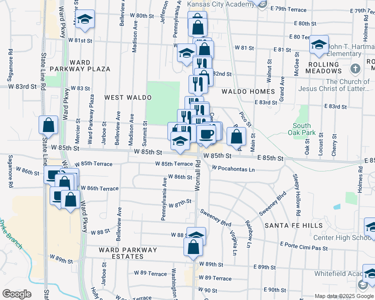 map of restaurants, bars, coffee shops, grocery stores, and more near 420 West 85th Street in Kansas City