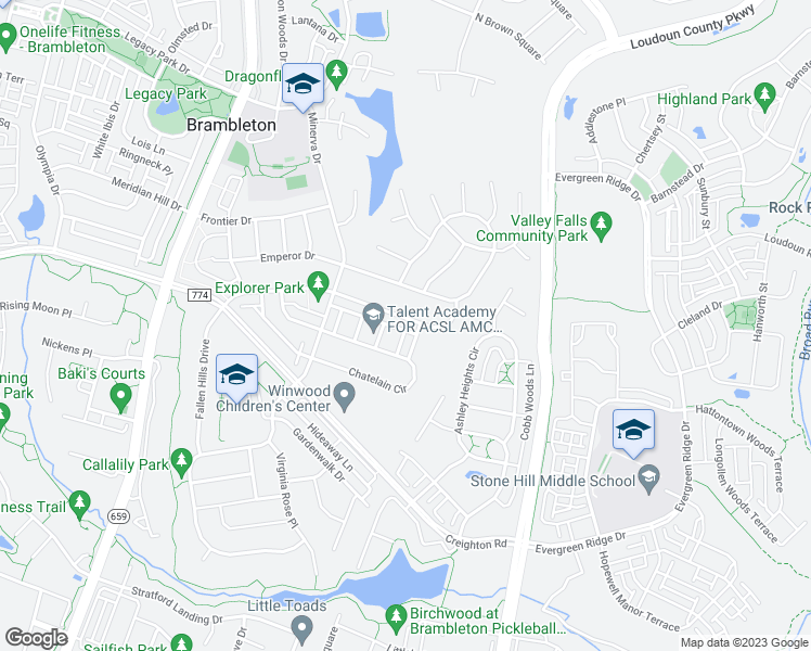 map of restaurants, bars, coffee shops, grocery stores, and more near 42759 Explorer Drive in Ashburn