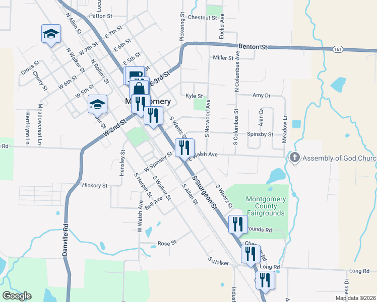 map of restaurants, bars, coffee shops, grocery stores, and more near 311 South Wentz Street in Montgomery City