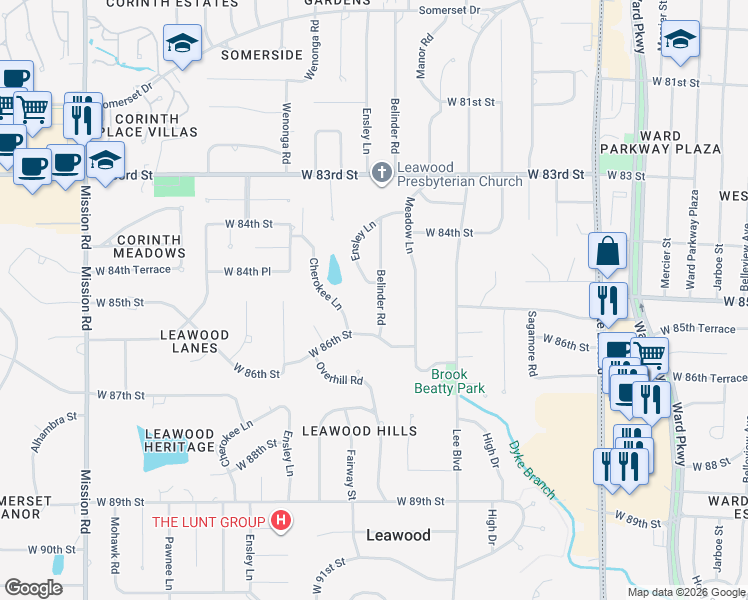 map of restaurants, bars, coffee shops, grocery stores, and more near 8504 Belinder Road in Leawood