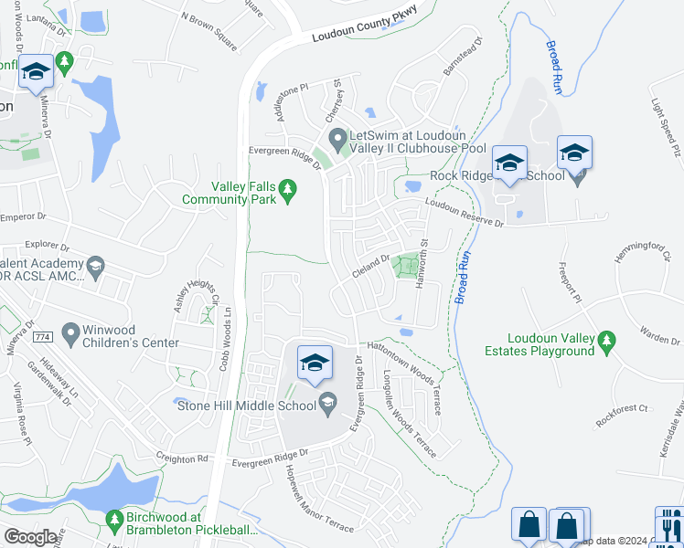 map of restaurants, bars, coffee shops, grocery stores, and more near 23266 Evergreen Ridge Drive in Ashburn