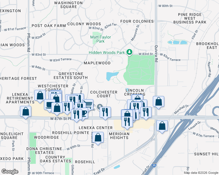 map of restaurants, bars, coffee shops, grocery stores, and more near 12512 West 85th Terrace in Lenexa