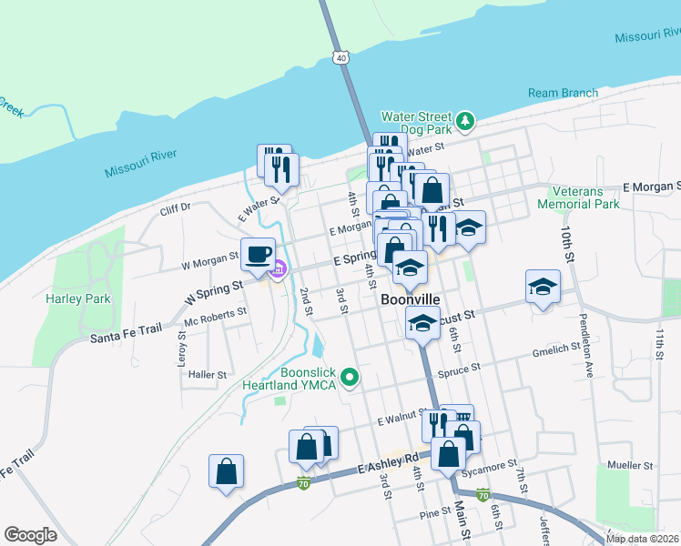 map of restaurants, bars, coffee shops, grocery stores, and more near 408 3rd Street in Boonville