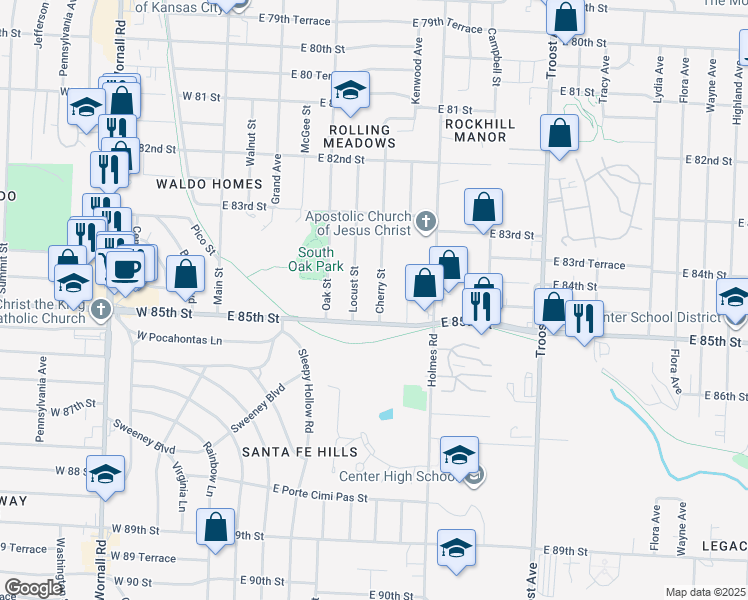 map of restaurants, bars, coffee shops, grocery stores, and more near 8412 Cherry Street in Kansas City