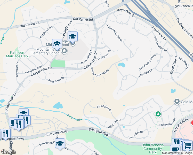map of restaurants, bars, coffee shops, grocery stores, and more near 3031 Promontory Peak Drive in Colorado Springs