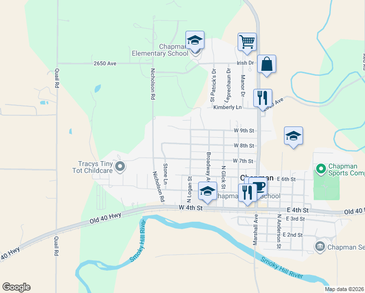 map of restaurants, bars, coffee shops, grocery stores, and more near 505 West 8th Street in Chapman