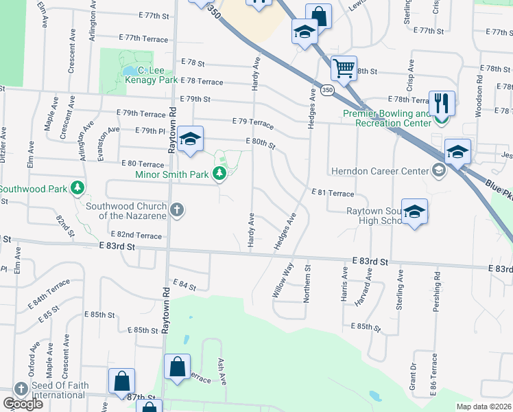 map of restaurants, bars, coffee shops, grocery stores, and more near 8119 Hardy Avenue in Raytown