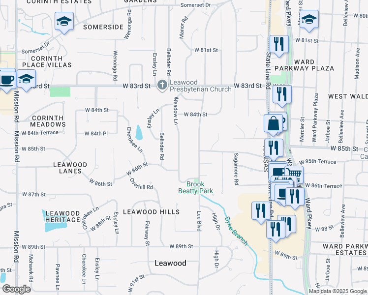 map of restaurants, bars, coffee shops, grocery stores, and more near 8433 Meadow Lane in Leawood