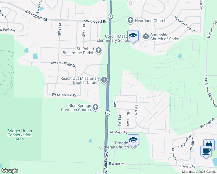 map of restaurants, bars, coffee shops, grocery stores, and more near 7701 Southwest State Route 7 in Blue Springs