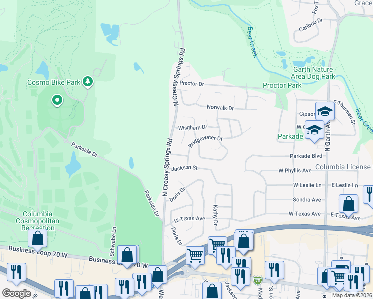 map of restaurants, bars, coffee shops, grocery stores, and more near 2009 Bridgewater Drive in Columbia