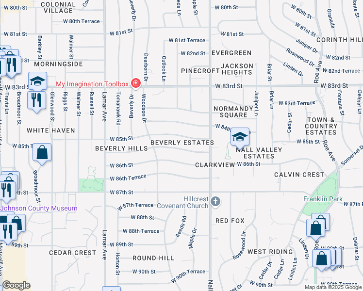 map of restaurants, bars, coffee shops, grocery stores, and more near 5700 West 85th Terrace in Overland Park