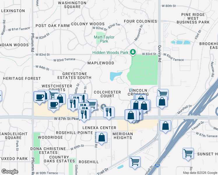 map of restaurants, bars, coffee shops, grocery stores, and more near 12512 W 85th Terrace in Lenexa