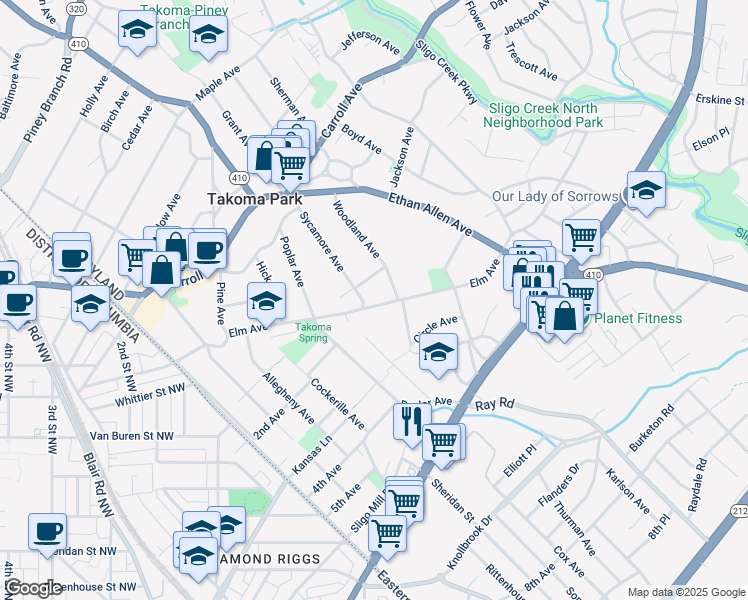 map of restaurants, bars, coffee shops, grocery stores, and more near 402 Elm Avenue in Takoma Park