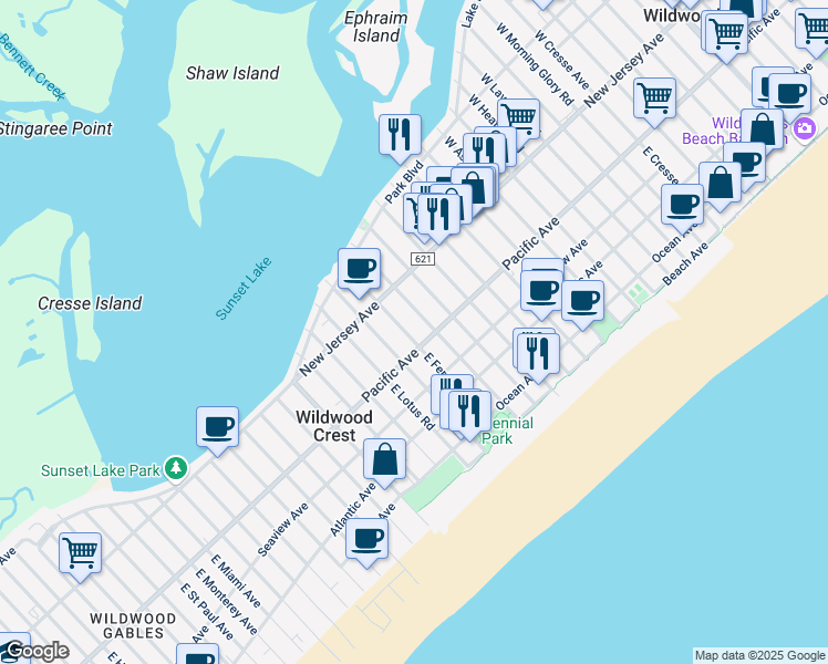 map of restaurants, bars, coffee shops, grocery stores, and more near 125 East Fern Road in Wildwood Crest